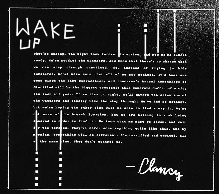 Alt text: black journal image with lines going from the dots to the letter they correspond with. The words "Wake Up" written in the top left.