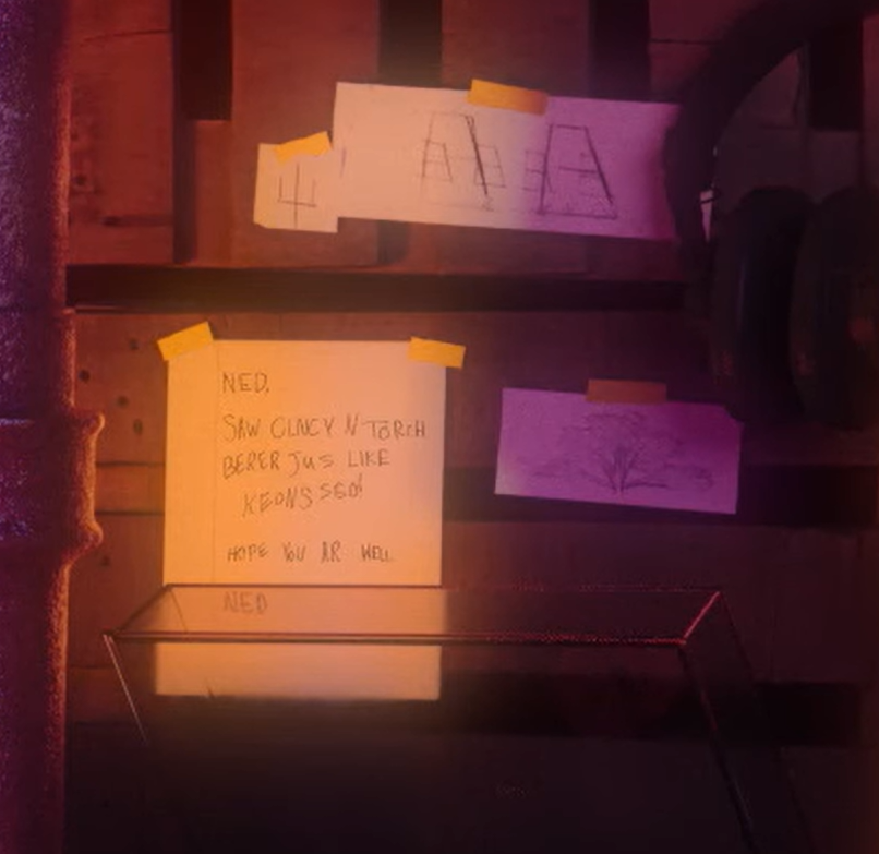 Alt text: Paper notes with sketches and writing taped on the wall.